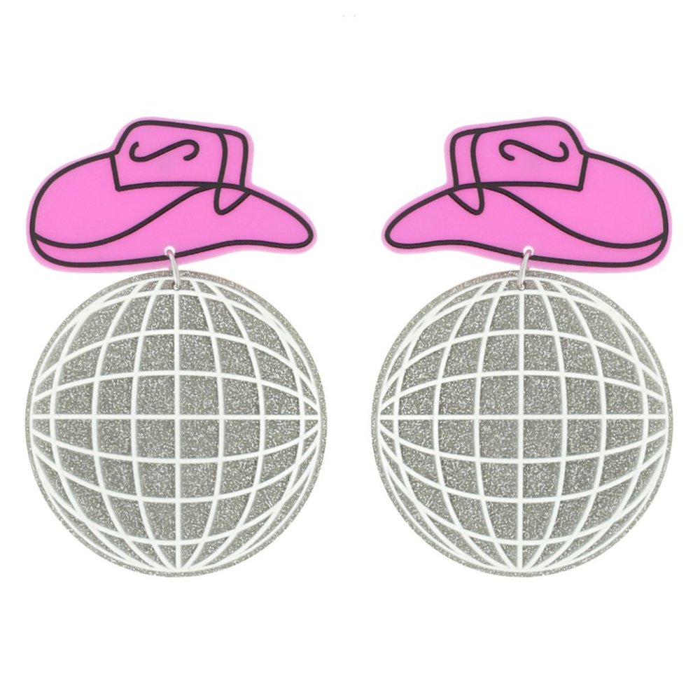 Pink Cowboy Hat & Mirror Disco Ball Glitter Dangle